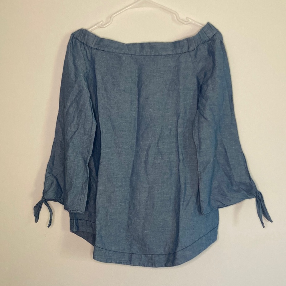Free People Linen Cotton Blue Off-Shoulder Tie Sleeve Blouse Top